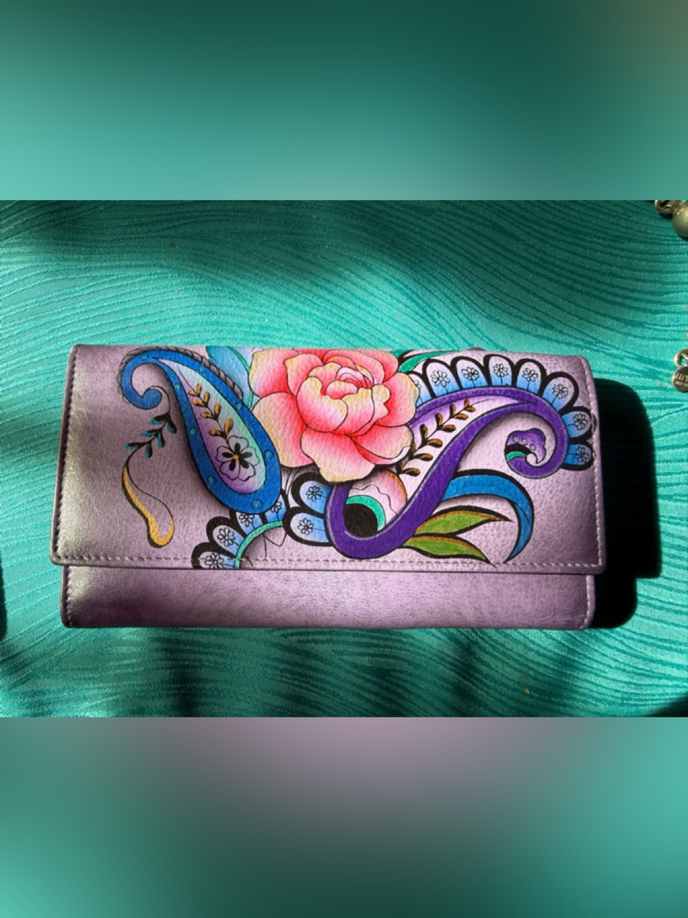 Anuschka Hand Painted Leather Flap Wallet Organizer RFID Blocking Purple Floral